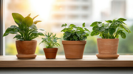 Obraz premium Lush green plants in terracotta pots basking in warm sunlight on wooden shelf