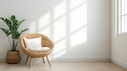 Cozy wicker chair with soft cushion beside potted plant in sunlit room
