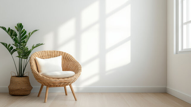 Cozy wicker chair with soft cushion beside potted plant in sunlit room - Powered by Adobe