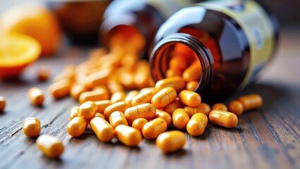 Selenium Supplement. Orange capsules spilled from amber bottle on wood