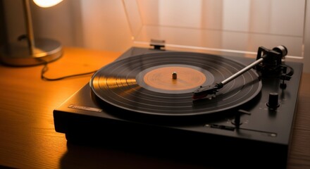 A vintage record player sits on a wooden surface, bathed in the warm glow of a nearby lamp.