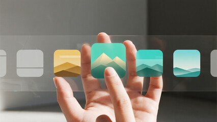 business woman pushing a touch screen interface