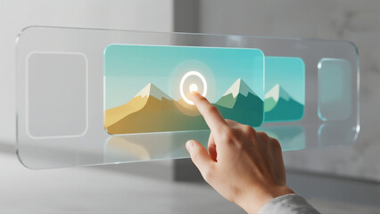 hand pushing a button on touch screen interface