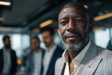 african businessman, ceo and successful businessman wearing a suit jacket, in his office, with his management team in the background and out of focus