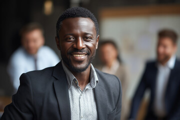Obraz premium african businessman, ceo and successful businessman wearing a suit jacket, in his office, with his management team in the background and out of focus