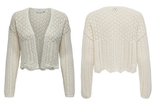 Crochet Sweater  Woman wearing beige knitted cardigan closeup