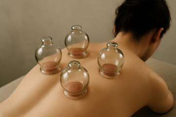 Cupping therapy with glass cups on bare back of person lying down, alternative healing method promoting relaxation and wellness in calm setting