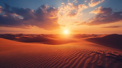 Golden sunset over vast desert dunes with clouds