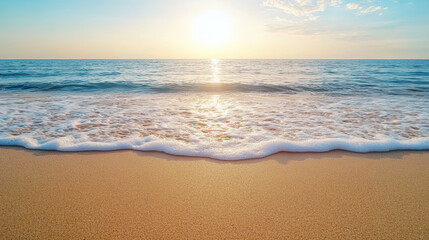 Obraz premium Sunrise over calm ocean waves gently lapping at sandy beach, creating serene atmosphere