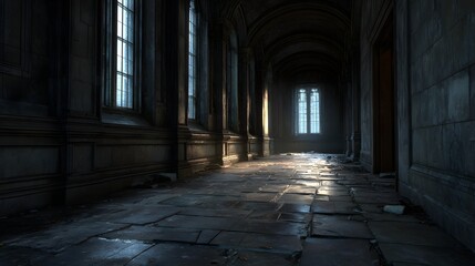 Obraz premium Long, shadowy hallway with sunlight streaming through windows.