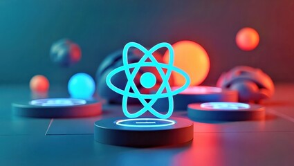 React Ui Components. Blue glowing React logo, round platforms, neon fu