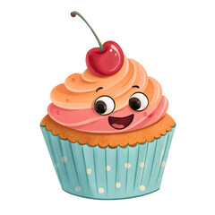 Cute happy cupcake with cherry on top and smiling face
