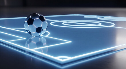 A futuristic soccer ball sits on a glowing blue digital football pitch with illuminated lines.