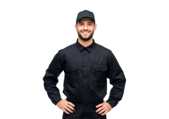 Young man in black uniform with cap smiling on transparent background, PNG