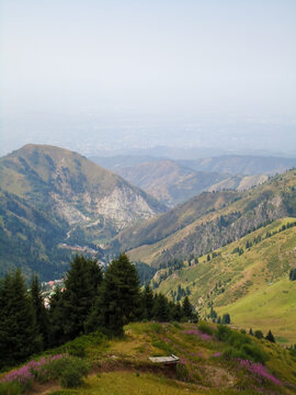 Panoramic view of the city of Almaty, opening from the mountain resort Shymbulak, Kazakhstan
