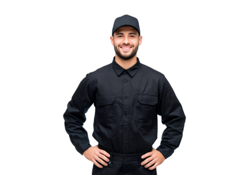 Young man in black uniform with cap smiling on transparent background, PNG