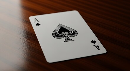 Ace of Spades Playing Card on Dark Wood Surface, Close-Up
