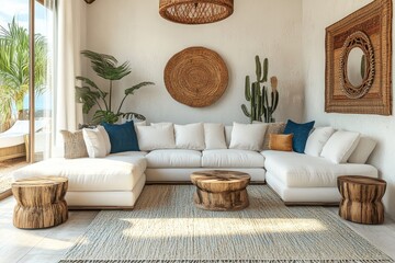 Coastal and Mediterranean-style interior design for a modern living room, featuring a corner sofa and wooden side tables. 3D rendering, Generative AI