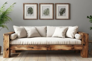 Rustic wooden furniture with white cushions, paired with an end table and potted plant against a white wall featuring poster frames. Scandinavian-style interior design for a modern, Generative AI
