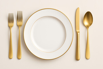 Elegant Gold Cutlery and White Plate Table Setting for Luxury Dining Presentation