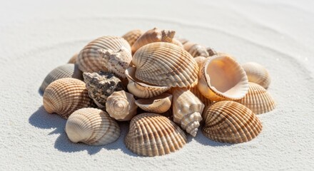 A serene pile of assorted seashells with natural textures resting on pristine white sand surface.