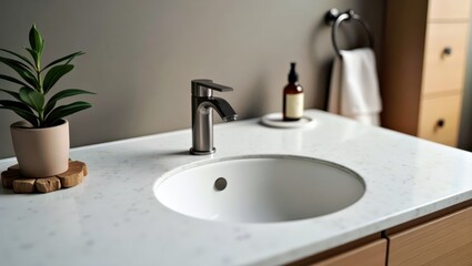 Organic Modern Bathroom. Modern white marble bathroom sink with faucet