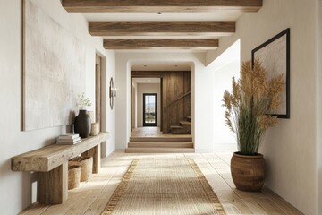 Spacious hallway with a beam ceiling and wooden console table, contributing to rustic modern farmhouse interior design in an entrance hall. 3D rendering, Generative AI