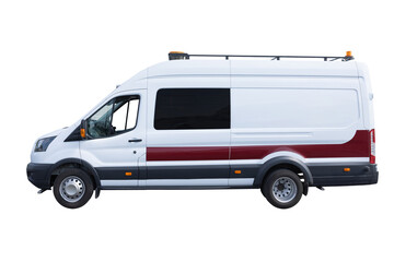 Side view of white road laboratory van with red stripe, on white background with clipping path