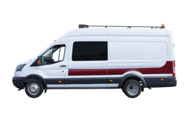 Side view of white road laboratory van with red stripe, on white background with clipping path