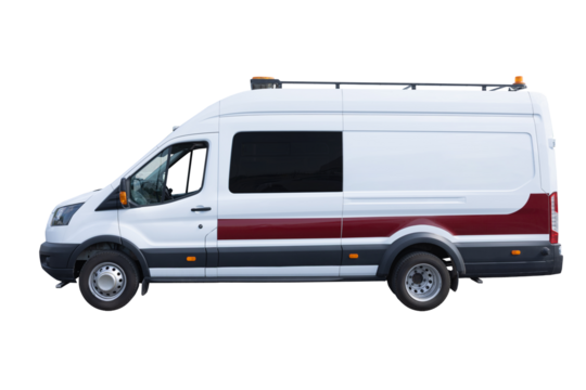 Side view of white road laboratory van with red stripe, on white background with clipping path
