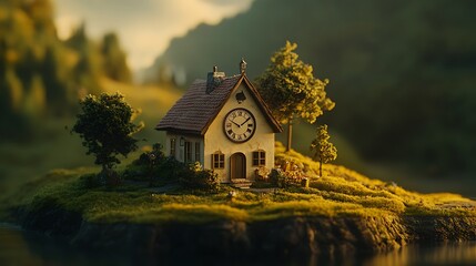 Dreamy clock house on island in nature landscape fantasy cottagecore architecture photography background art