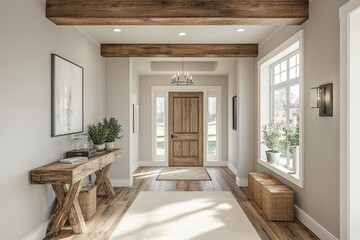 Spacious hallway with a beam ceiling and wooden console table, contributing to rustic modern farmhouse interior design in an entrance hall. 3D rendering, Generative AI