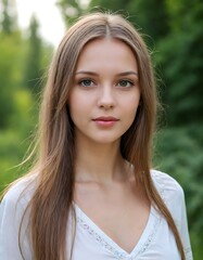 Naklejka premium Woman with long brown hair and a white shirt