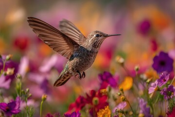 Fototapeta premium A Swift Hummingbird in Spring Blooms Capturing the Beauty of Natures Flitting Jewels