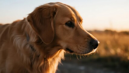 Golden retriever strolling in sunset light, side profile with soft fur, warm glow. Peaceful moment of canine grace.