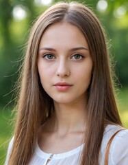 Naklejka premium Woman with long brown hair and green eyes