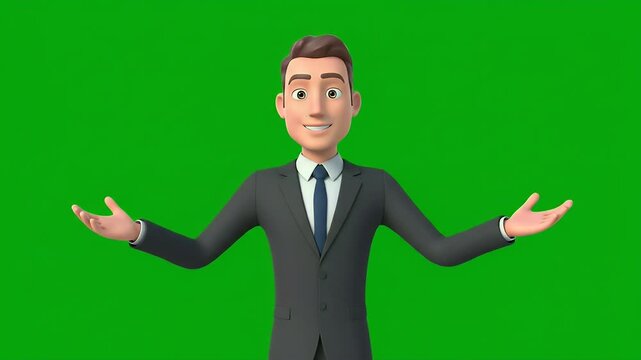 Smiling 3d cartoon businessman character making welcoming gesture on green screen background
