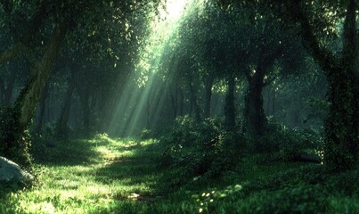 Obraz premium Sunlight streams through lush forest