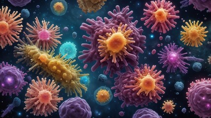 A colorful microscopic view of cells and viruses floating in a dark blue and black space like background