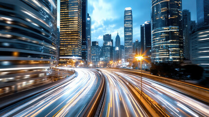 Obraz premium City skyline dusk with illuminated skyscrapers and light trails from moving vehicles