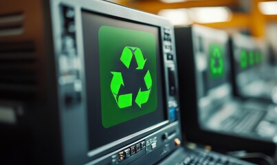 Electronic waste concept, featuring a desktop computer with a bright green recycling symbol, highlighting the importance of recycling and proper disposal of electronic devices, Generative AI