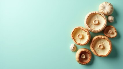 Medicinal Mushrooms. Dried shiitake mushrooms top view on blue backgro