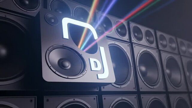 A modern DJ logo is centered on a wall of speakers, radiating colorful light beams.