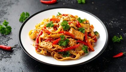 Stir-fried noodles with chicken and peppers on a white plate