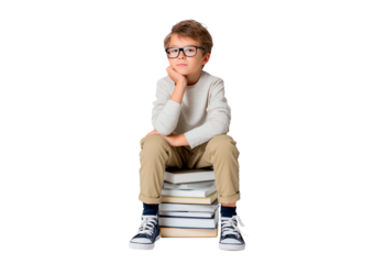 Thoughtful young boy with glasses sitting on books on transparent background, PNG