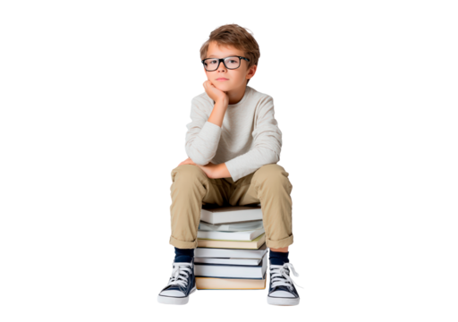 Thoughtful young boy with glasses sitting on books on transparent background, PNG
