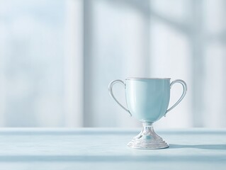 Modern Premium Silver Trophy Award on Soft Blue Background Authentic Corporate Achievement Concept for Marketing and Business Campaigns