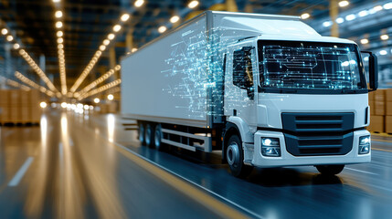 Smart delivery truck with digital interface moving through warehouse