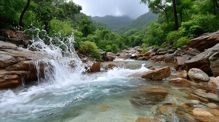 Close-up of Water Splashing on Rocks in a Tropical River