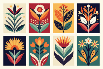 A collection of colorful abstract floral arrangements in a mid-century modern style with bold shapes and textures.